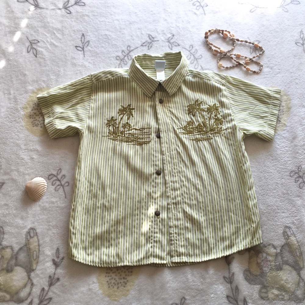 Boys Green Striped Button Down Polo Sz 7